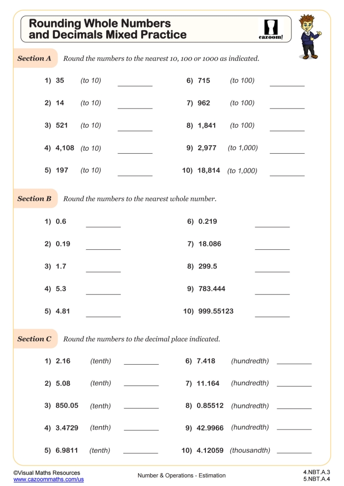 Worksheet for rounding decimals and fractions to whole numbers for fifth graders