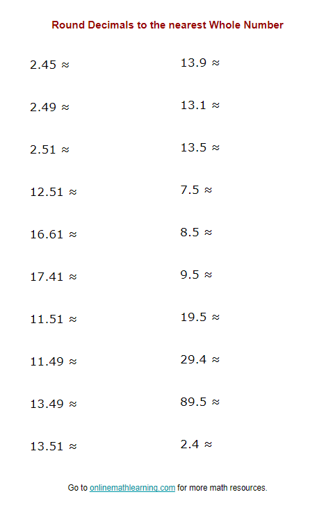 Fifth grade student completing a math practice worksheet on rounding decimals and fractions to the nearest whole number