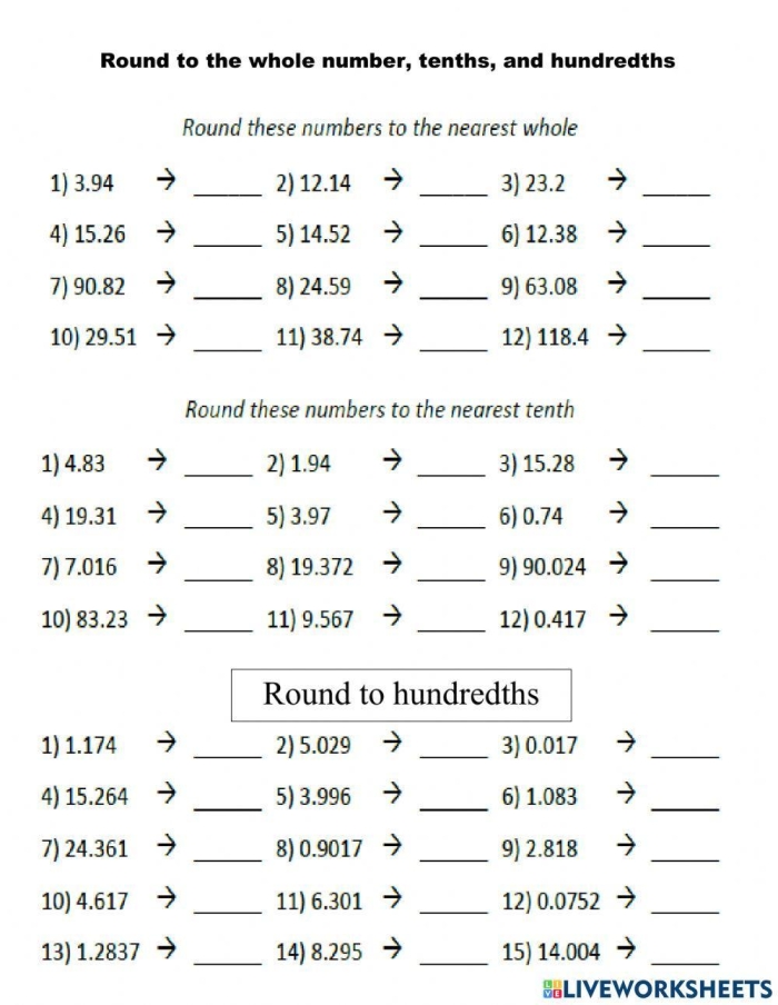Fifth grade student worksheet for rounding decimals and fractions to the nearest whole number