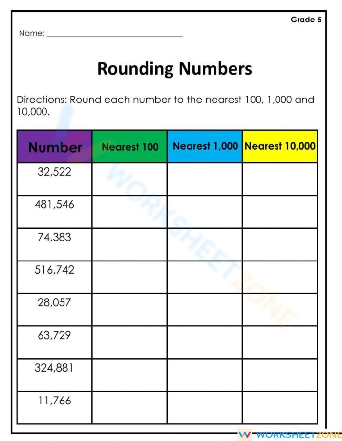 Rounding to Whole Numbers worksheet for fifth graders practicing decimals and fractions