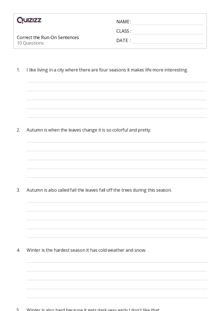 Worksheet featuring run-on sentences for correction, inspired by classic Shakespeare quotes. Correcting Run-On Sentences Worksheet for Fifth Grade Students.