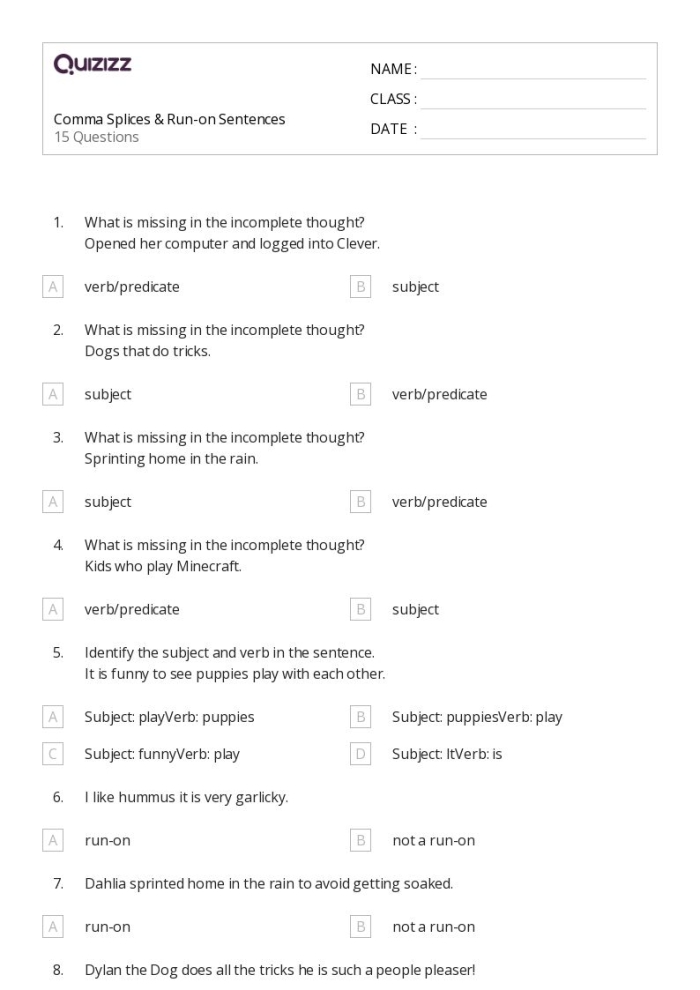 Worksheet featuring corrections for run-on sentences derived from classic Shakespeare quotes