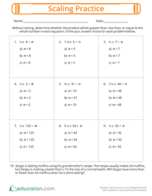 Scaling Practice Worksheet Exercise 2 for Multiplying Whole Numbers and Fractions Fifth grade math worksheet showing scaling practice problems with whole numbers and fractions for measurement