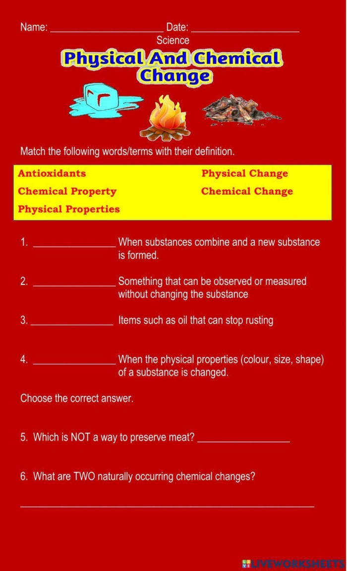 Fifth Grade Science Review: Chemical Vs. Physical Properties Worksheet Worksheet for fifth graders reviewing chemical and physical properties in science