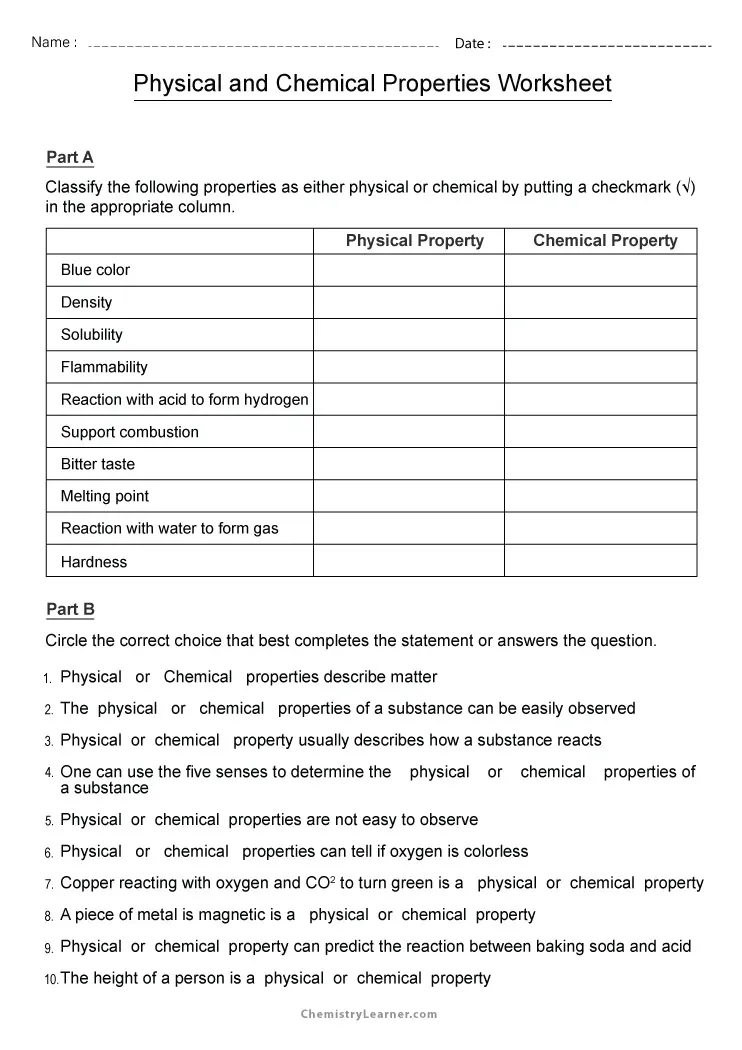 Science Review: Chemical Vs. Physical Properties worksheet for student study aid Worksheet for fifth graders reviewing chemical and physical properties of substances