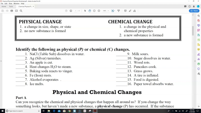 Chemical Vs. Physical Properties Worksheet for Test Preparation Worksheet demonstrating chemical and physical properties for fifth-grade science review
