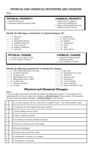 Fifth-grade science review worksheet on chemical versus physical properties Worksheet highlighting chemical and physical properties for fifth-grade science review