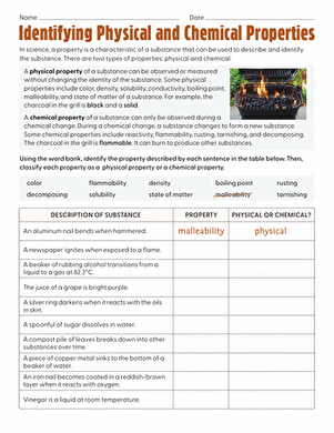 Science Review: Chemical Vs. Physical Properties worksheet for test preparation Worksheet for reviewing chemical and physical properties for fifth graders