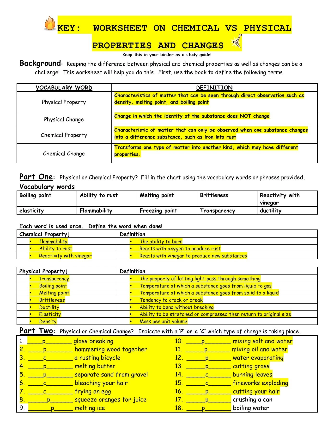 Science Review worksheet for Chemical vs. Physical Properties for test prep Worksheet highlighting chemical and physical properties for fifth graders