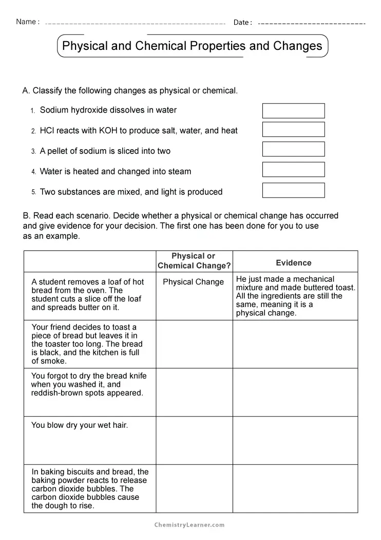 Science Review: Chemical Vs. Physical Properties Worksheet for Students Worksheet highlighting chemical and physical properties for fifth graders