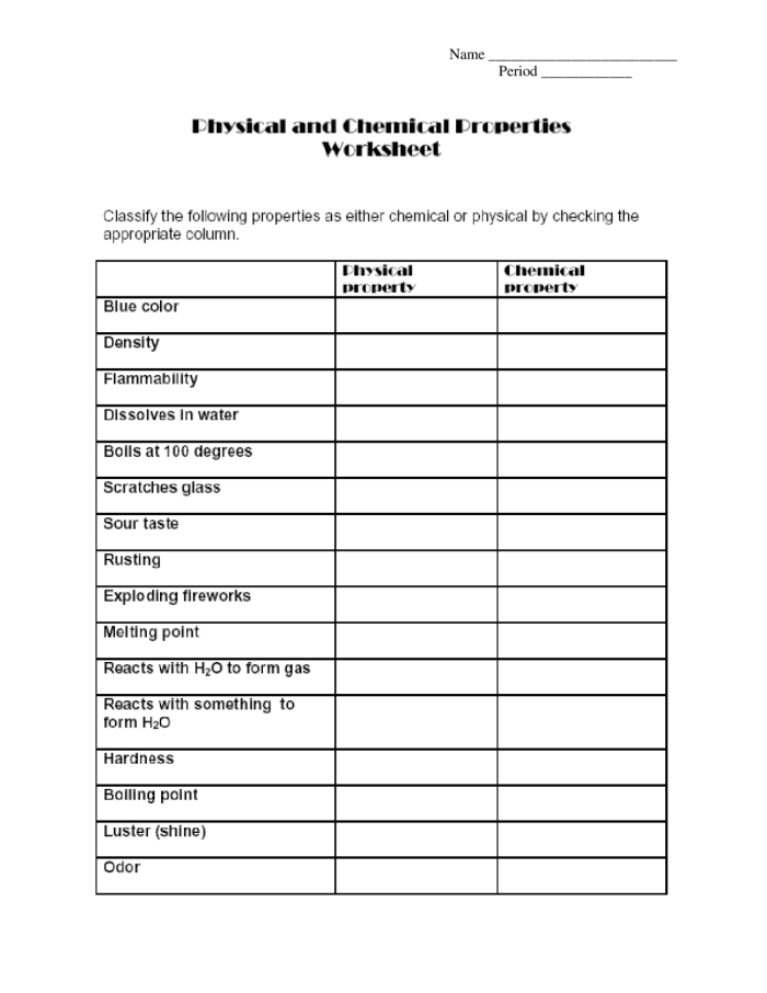 Chemical vs. Physical Properties Review Sheet for Future Test Preparation Worksheet for fifth graders reviewing chemical and physical properties in science