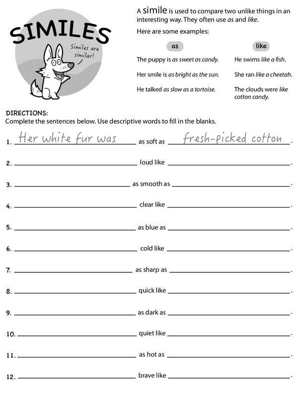 Fifth grade reading worksheet featuring scrambled similes exercises and creative writing prompts
