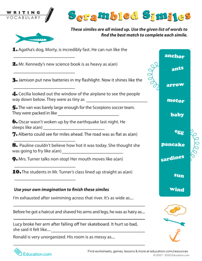 A fifth grade student working on a Scrambled Similes worksheet to practice creative writing