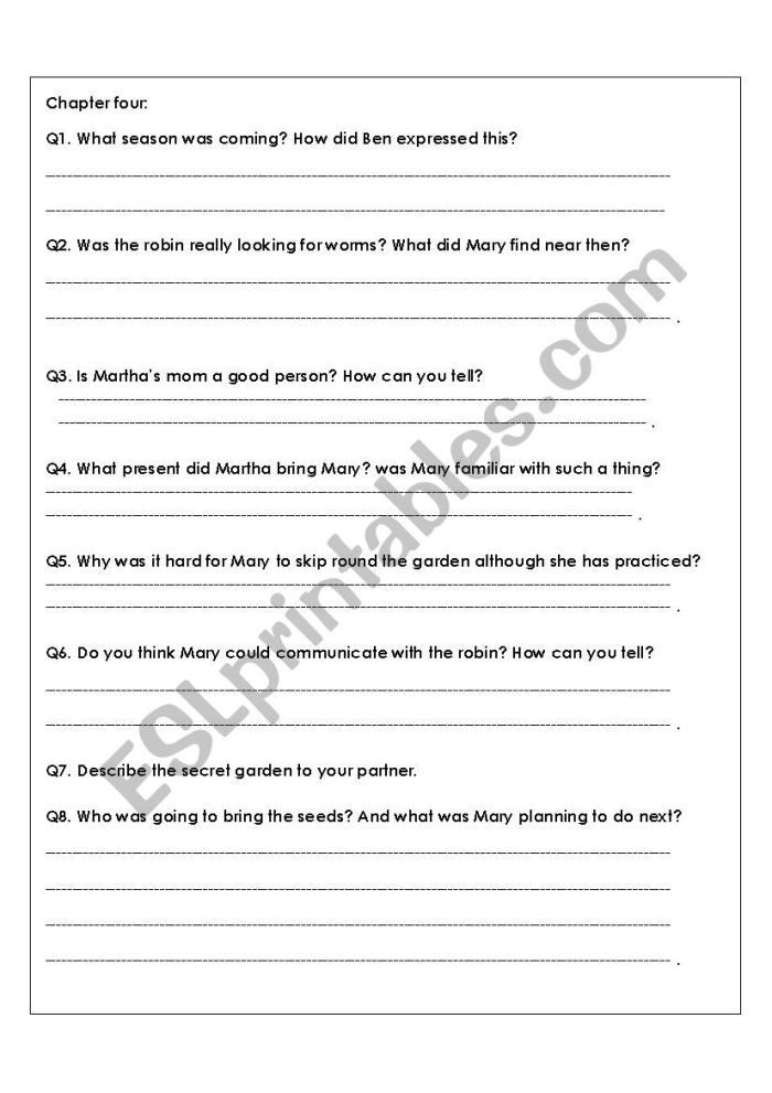 Fifth grade students working on a Reading Comprehension The Secret Garden worksheet to improve vocabulary