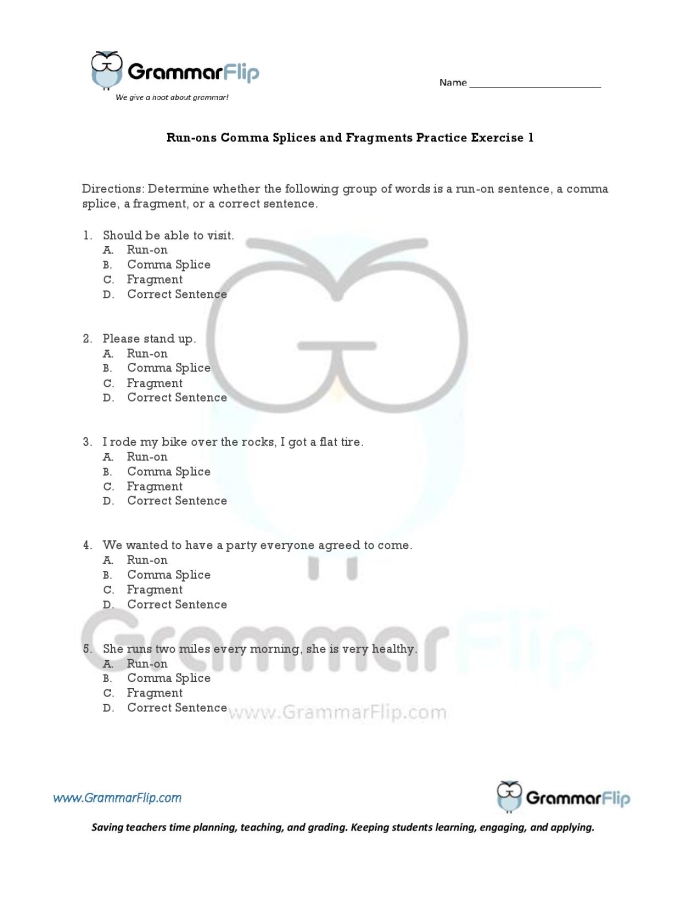 Revise Run-ons and Incomplete Sentences Practice Activity 19 Fifth grade grammar worksheet showing run-on and incomplete sentence revision exercises with answer key
