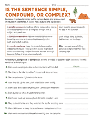 Fifth grade grammar worksheet focused on identifying simple, compound, and complex sentence structures
