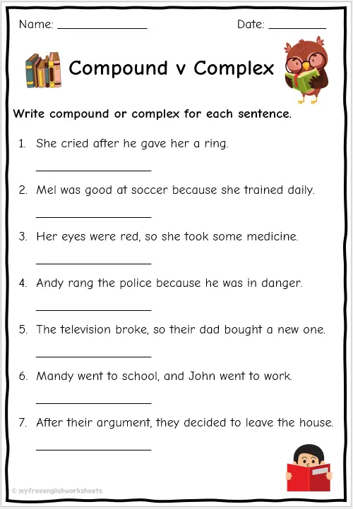 Fifth-grade grammar worksheet exploring simple, compound, and complex sentences