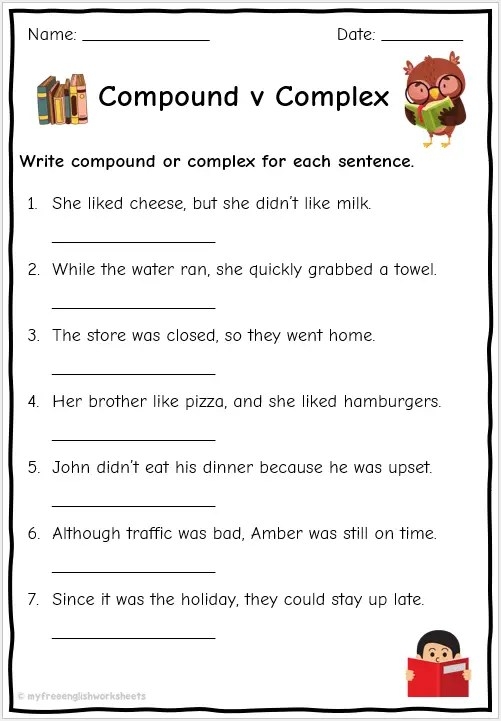 Fifth grade worksheet asking students to identify whether sentences are simple, compound, or complex