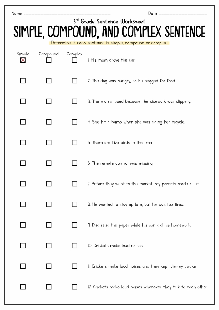 Worksheet featuring examples of simple, compound, and complex sentences for fifth graders