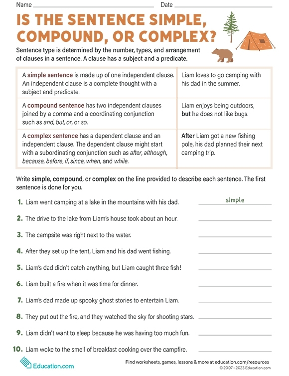 Worksheet for identifying simple, compound, and complex sentences for fifth graders