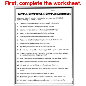 Fifth grade worksheet identifying simple compound and complex sentence structures