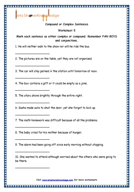 Worksheet for identifying simple, compound, and complex sentences in grammar. Is the Sentence Simple, Compound, or Complex? worksheet for fifth graders.