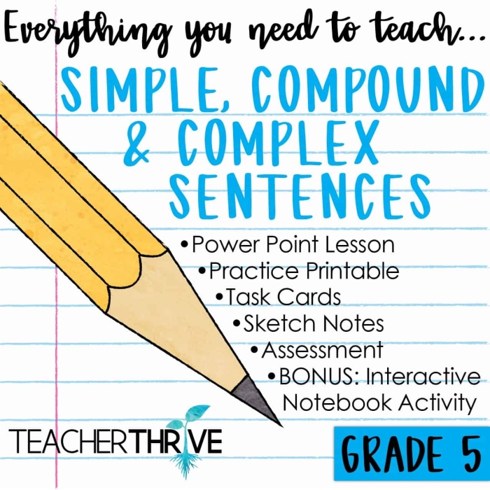 Worksheet illustrating types of sentences: simple, compound, and complex for fifth graders