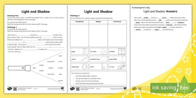 Worksheet demonstrating techniques for drawing light and shadow effects in art