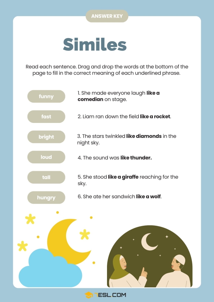Worksheet featuring scrambled similes to enhance fifth graders' understanding of figurative language