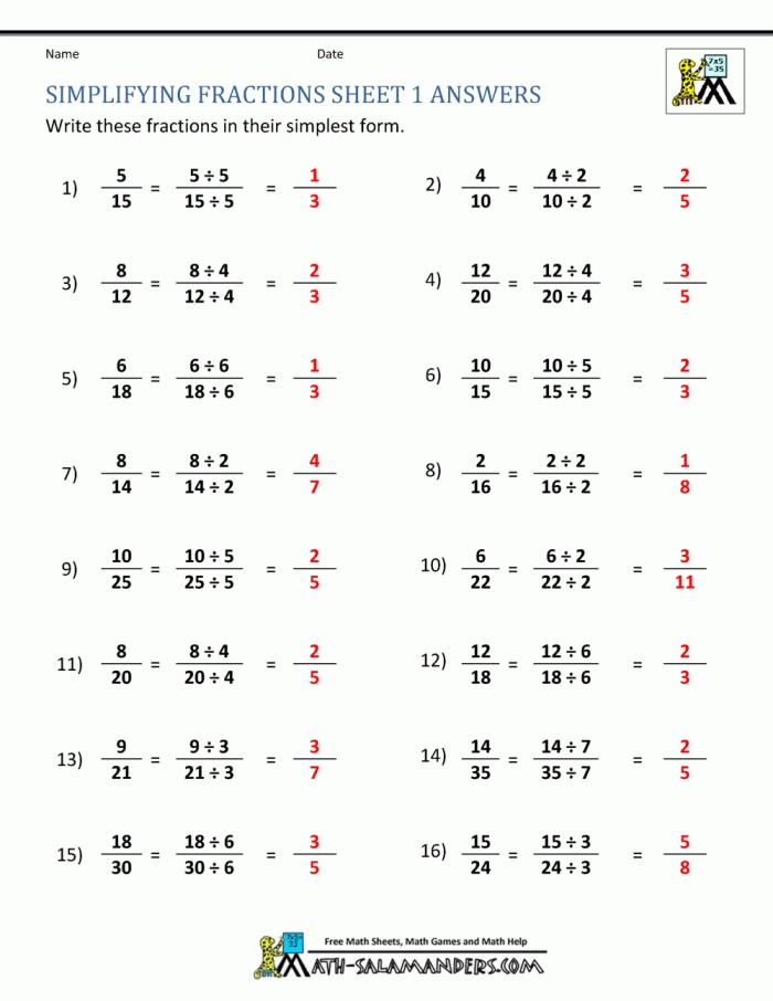Fifth grade math worksheet focused on simplifying fractions and operations with common denominators