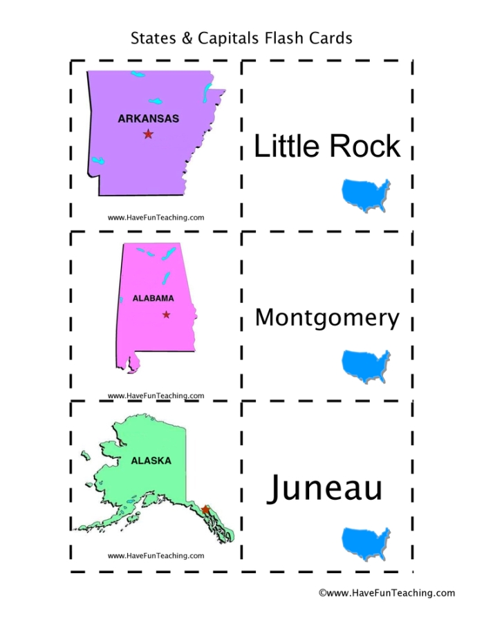 Mini flash cards featuring the 50 U.S. states and their capitals for educational use States and capitals flash cards worksheet for fifth graders learning Spanish