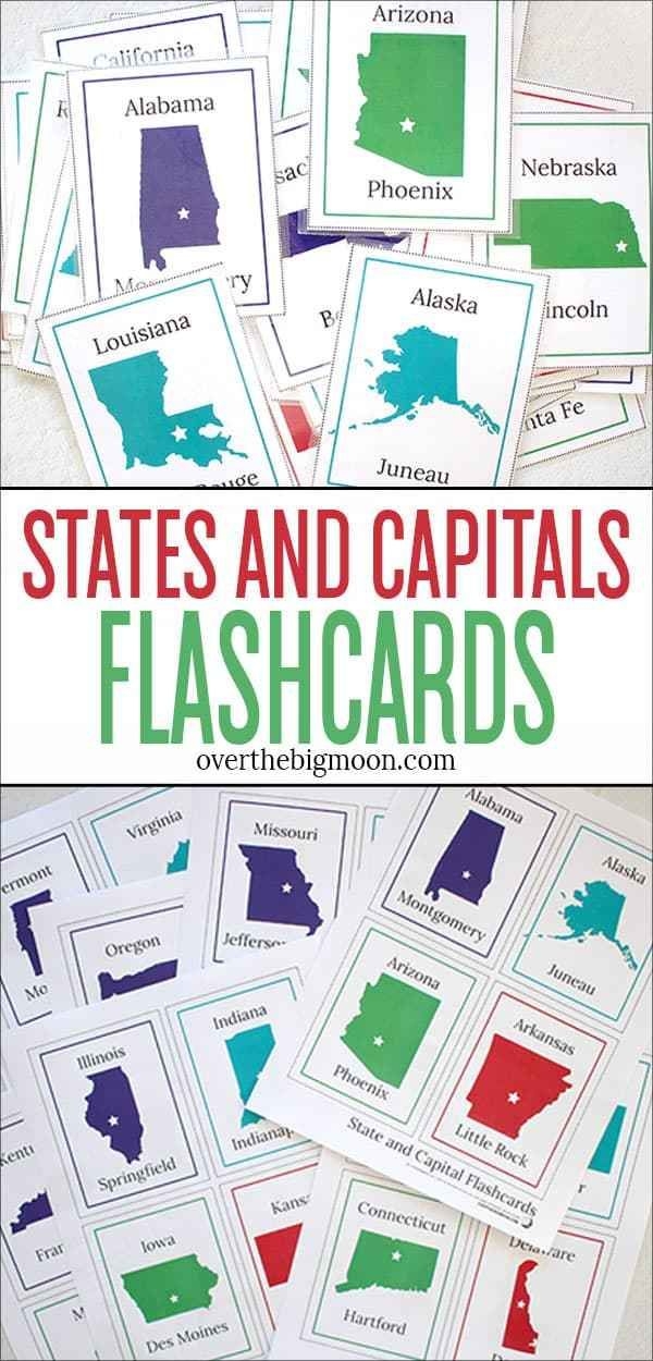 States and Capitals Flash Cards Worksheet for Fifth Grade Spanish Learners Mini flash cards displaying U.S. states and capitals for fifth graders learning Spanish