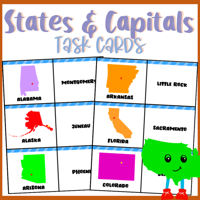 Interactive states and capitals worksheet to enhance learning for children Colorful flash cards for teaching U.S. states and capitals in Spanish for fifth graders