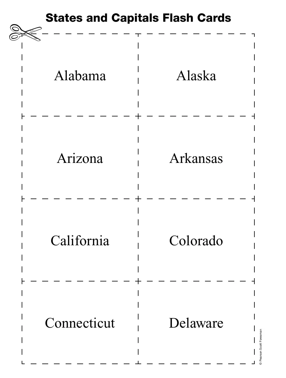States and capitals flash cards worksheet for educational use in Spanish language classes Mini flash cards featuring U.S. states and capitals designed for fifth graders learning Spanish