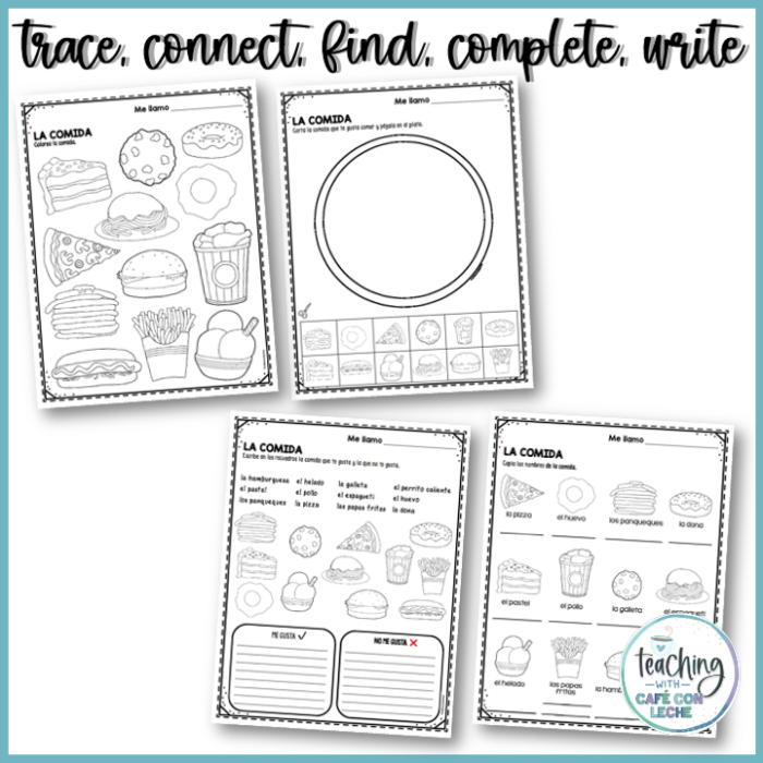 Colorful worksheet featuring Sam and Paula learning to order food in Spanish