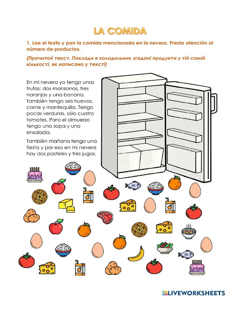Interactive worksheet featuring Sam and Paula teaching food ordering in Spanish