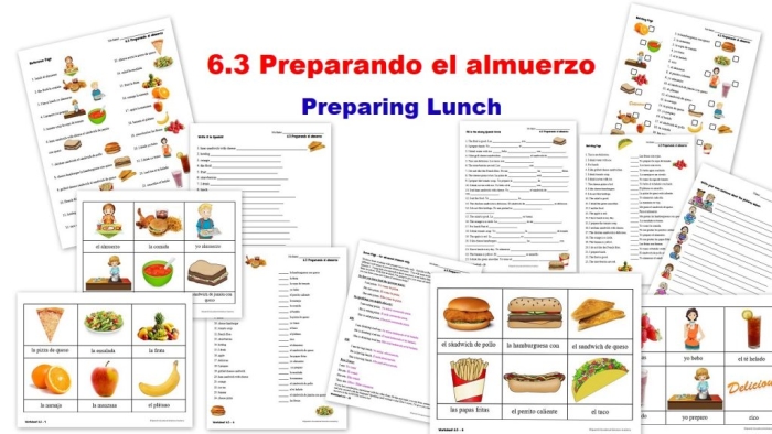 Image of a colorful worksheet featuring Sam and Paula learning to order food in Spanish
