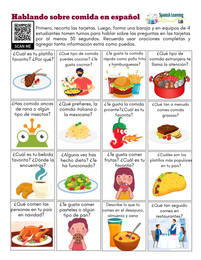 Eating in Spanish worksheet featuring Sam and Paula learning to order food. Fun educational image for fifth graders mastering Spanish food vocabulary.