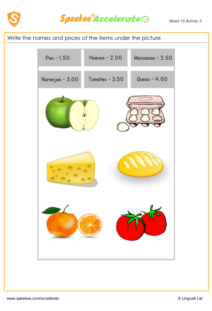 Kids practicing ordering food in Spanish with Sam and Paula on a fun worksheet.