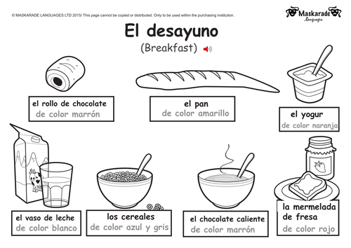 Worksheet for mastering food vocabulary in Spanish featuring Sam and Paula