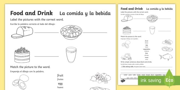 Worksheet for practicing food vocabulary in Spanish with Sam and Paula