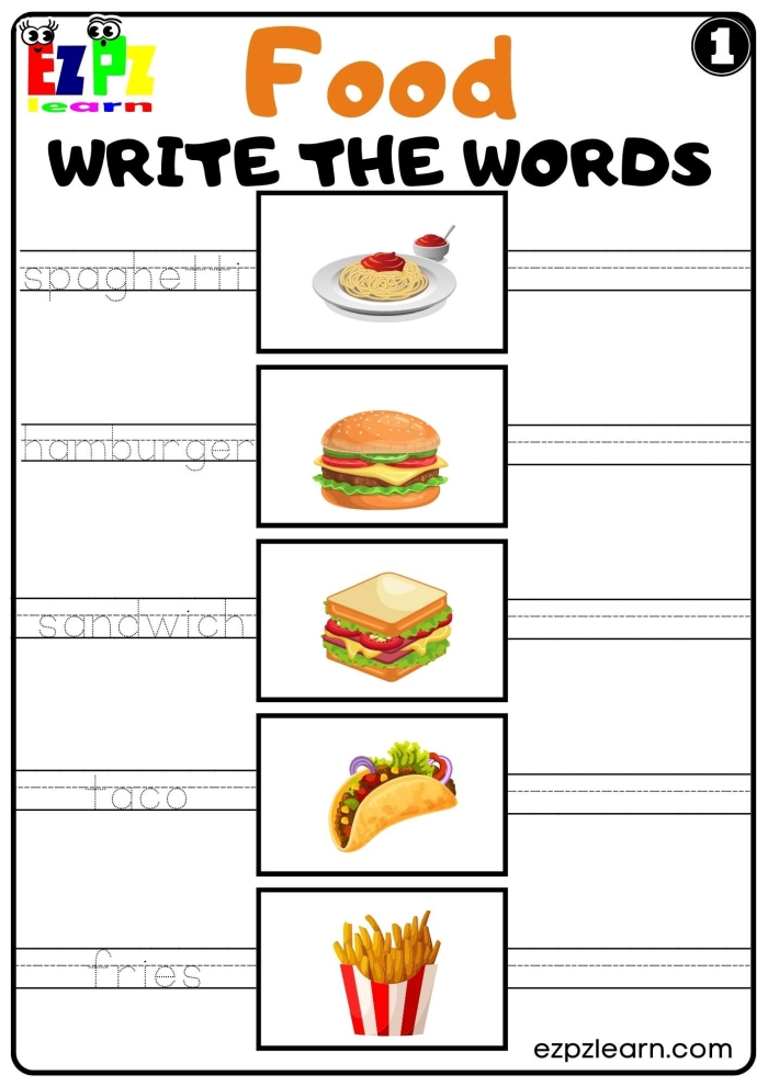 Students practicing food vocabulary in Spanish with Sam and Paula on a worksheet