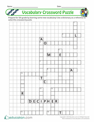 5th Grade Vocabulary Crossword worksheet featuring engaging spelling challenges for fifth graders