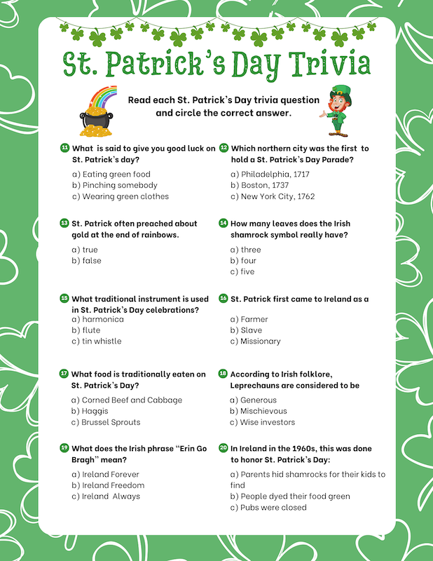 Fifth grade students completing a fun St. Patrick's Day trivia worksheet with holiday themed illustrations