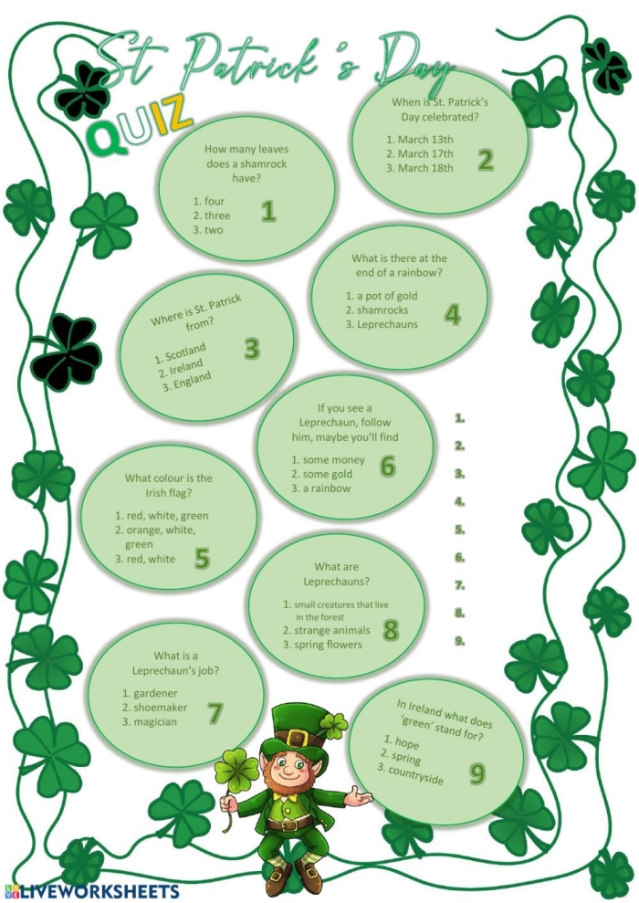 Fifth grade student working on a St. Patricks Day trivia reading worksheet
