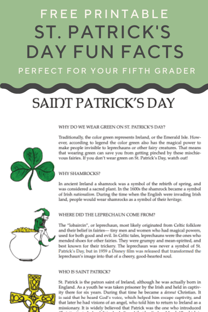 Fifth grade student reading a St. Patrick's Day fun facts worksheet with holiday imagery