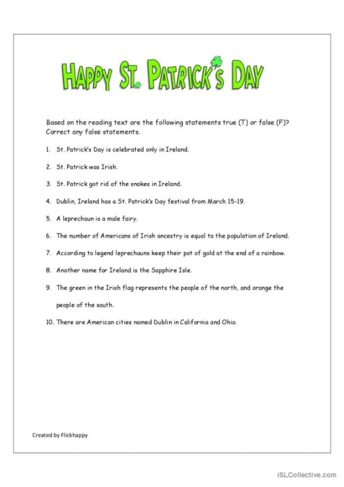 St. Patrick's Day Fun Facts worksheet for fifth graders showcasing holiday history and imagery