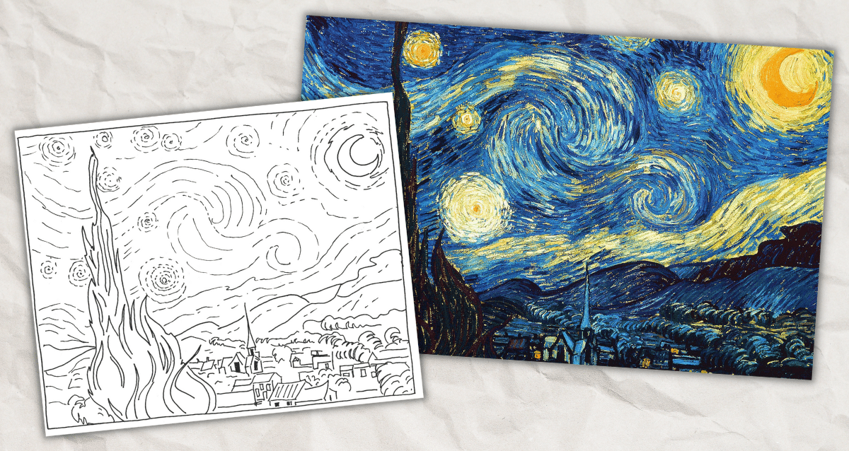 Fifth grade students coloring Vincent Van Gogh's famous Starry Night painting with swirling stars and village landscape