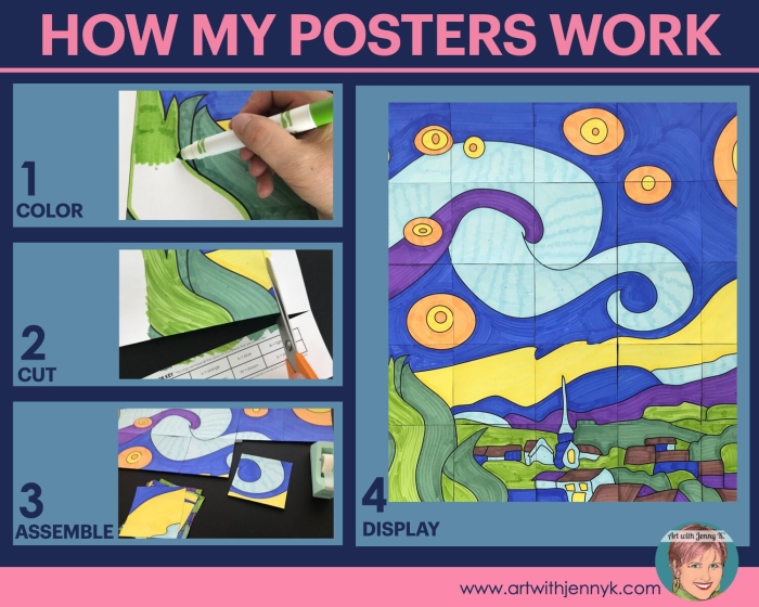 A fifth grade student coloring Van Gogh's Starry Night masterpiece with swirling stars and a crescent moon