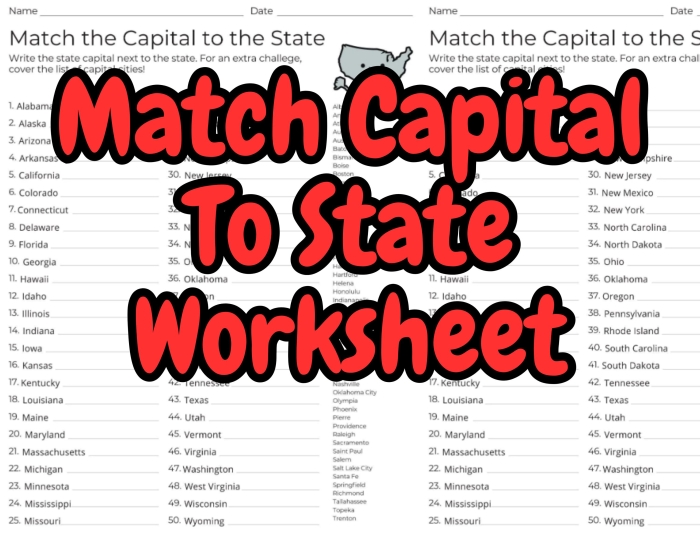 Worksheet for matching state capitals with their respective states for fifth graders